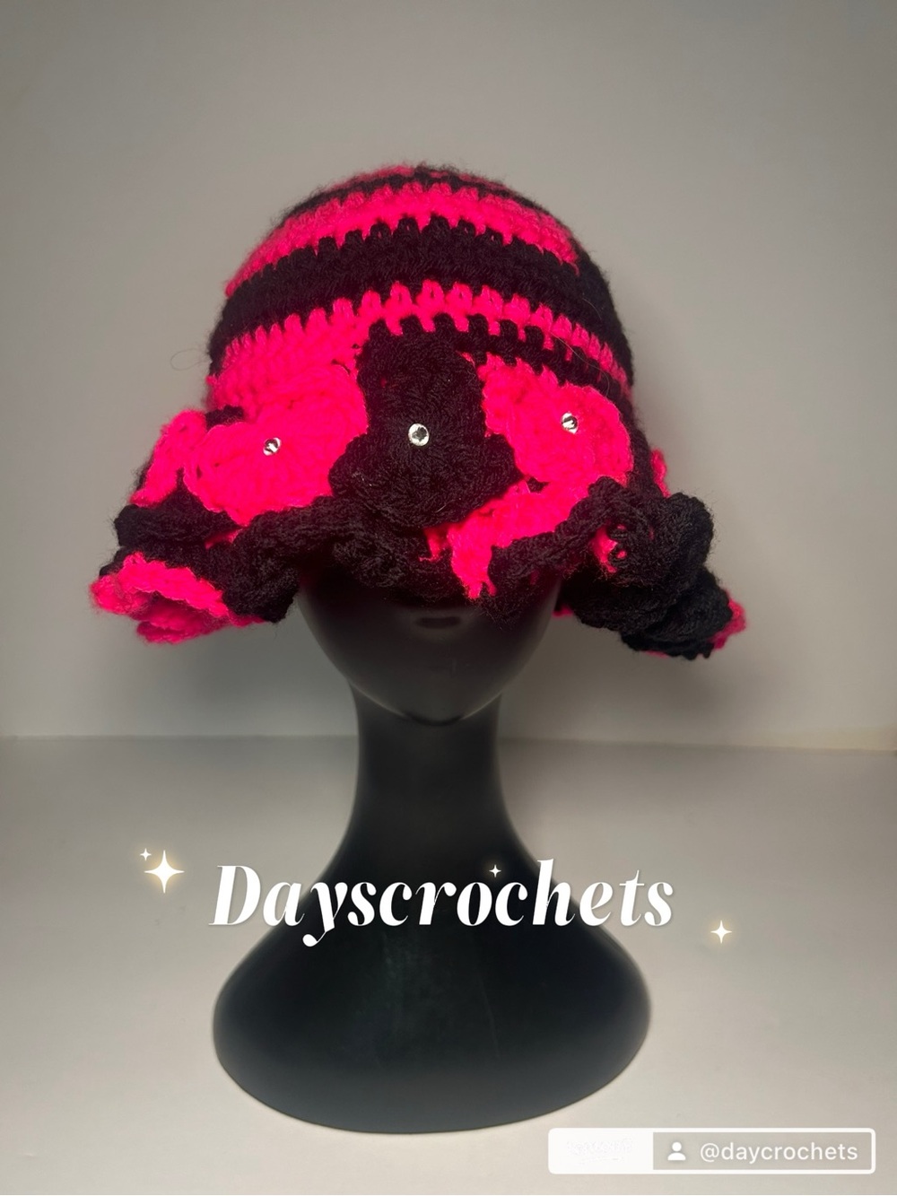 Pink and Black Crochet bucket Hat